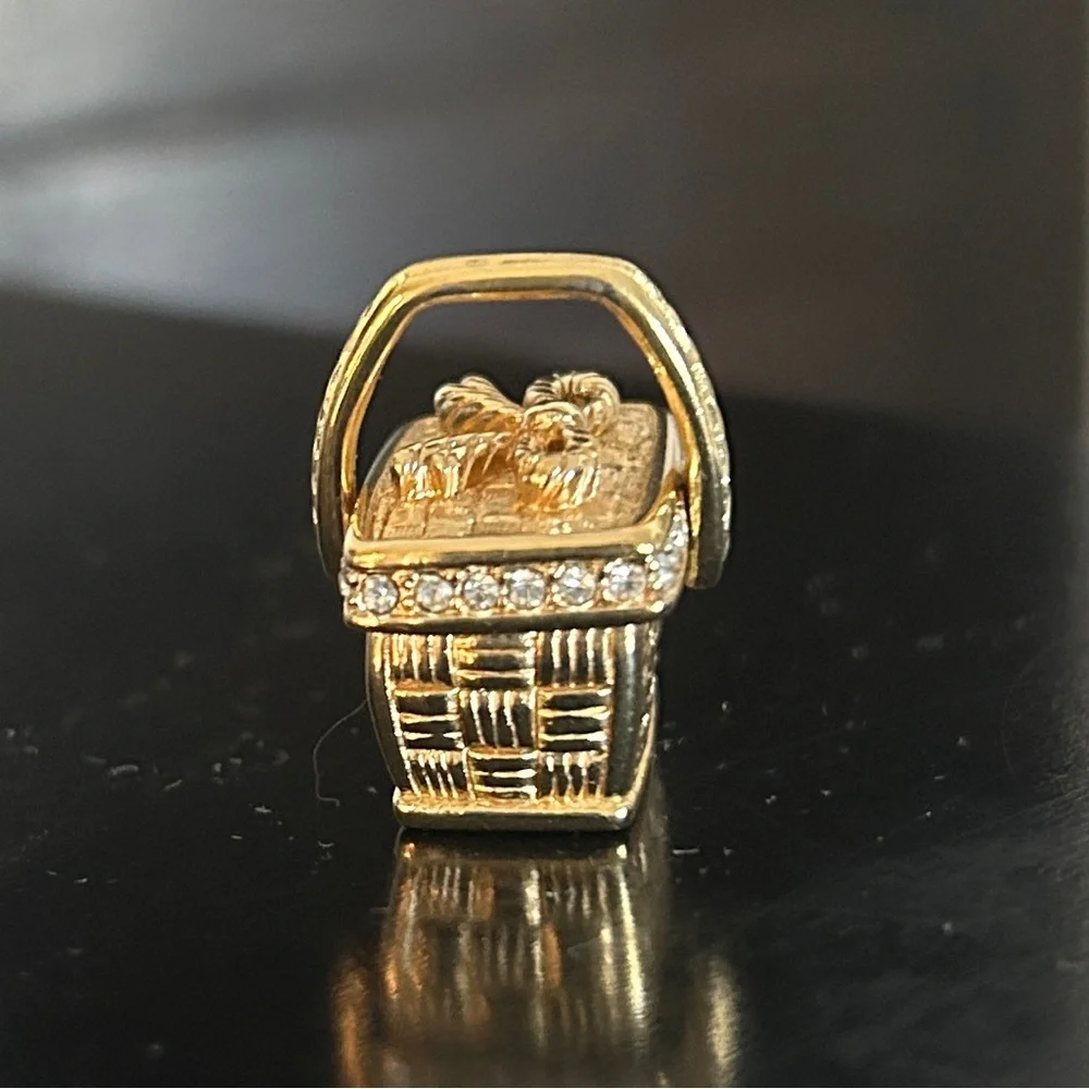 Vintage 1990s Swarovski Picnic Basket Pendant Necklace Gold-Tone & Crystal